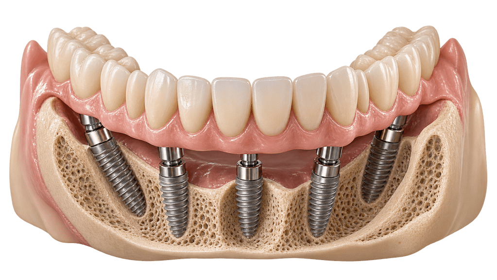 Odbudowa pełnołukowa na implantach – pełny łuk zębowy oparty na implantach